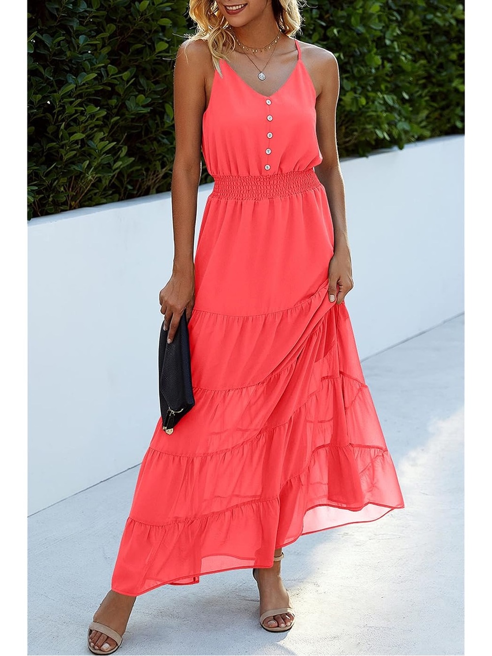 Sleeveless Coral Maxi Dress with Button Front - Picture 3 of 7